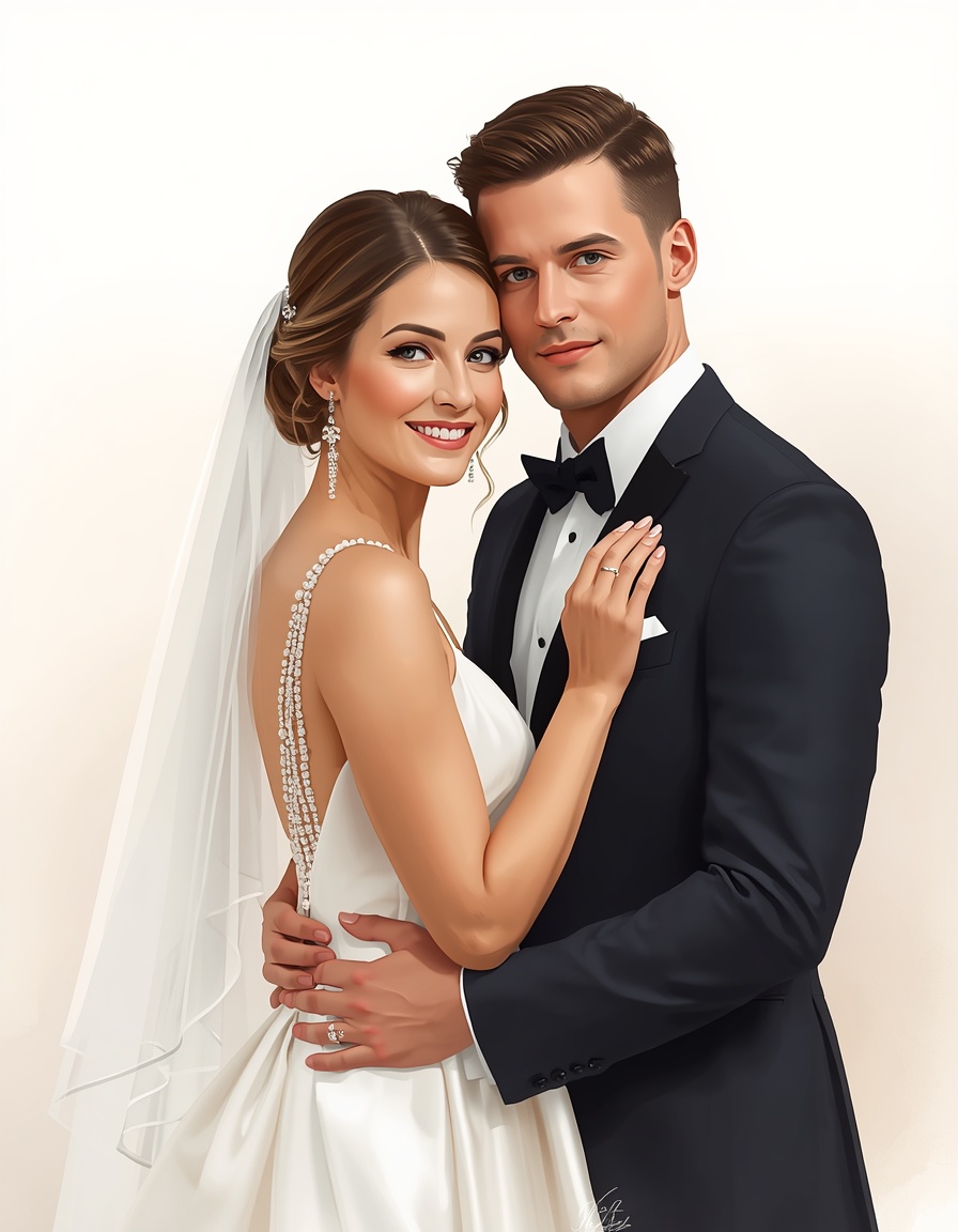 Personalized wedding portrait of bride and groom