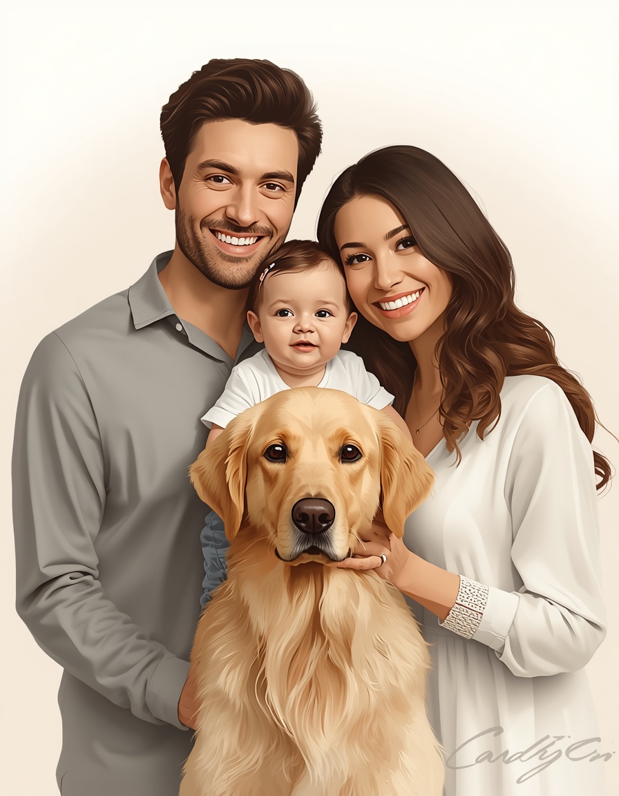 Personalized digital portrait of a family with a baby and golden retriever